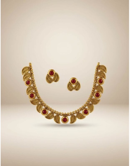 Latest leaf design necklace set with maroon stone